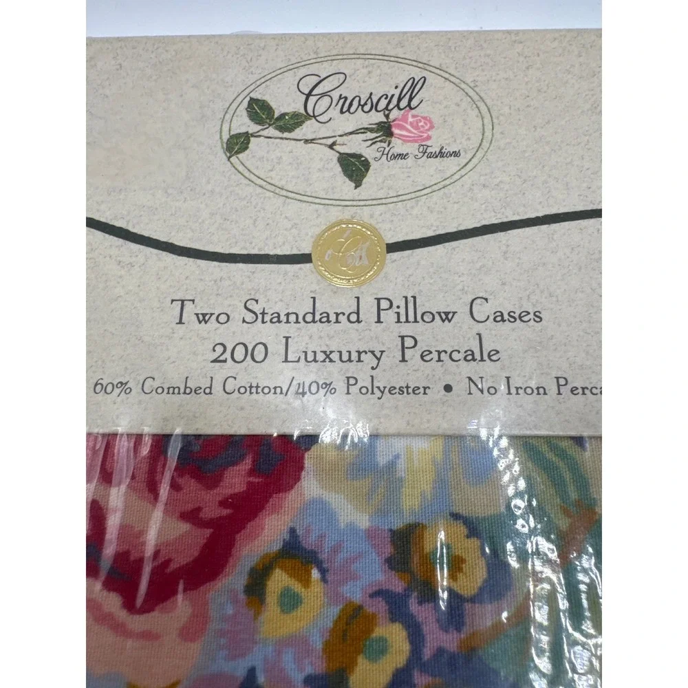 Croscill Nelson Floral Striped Standard Pillowcases Pair 200 TC Percale NEW